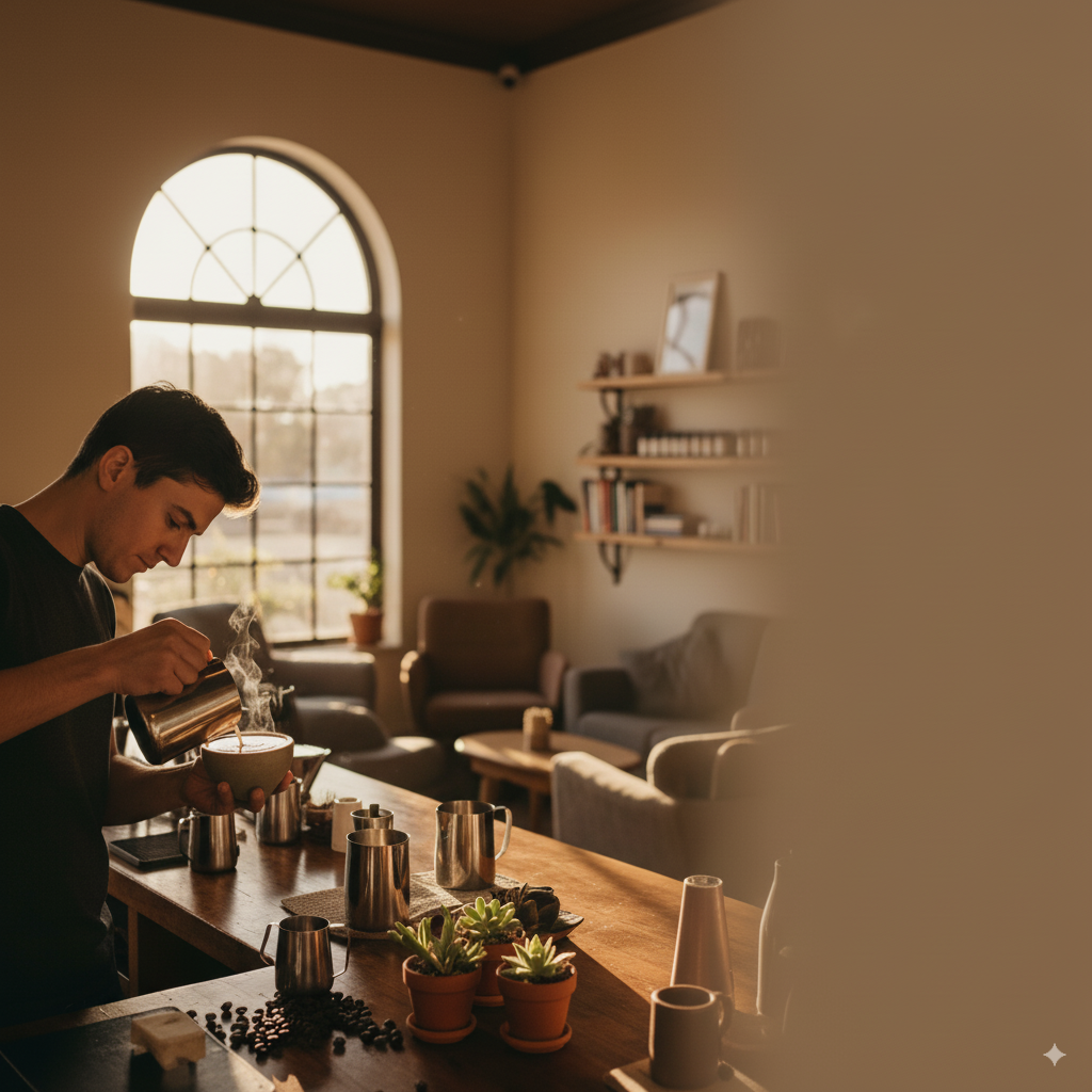 Latte art in warm café light